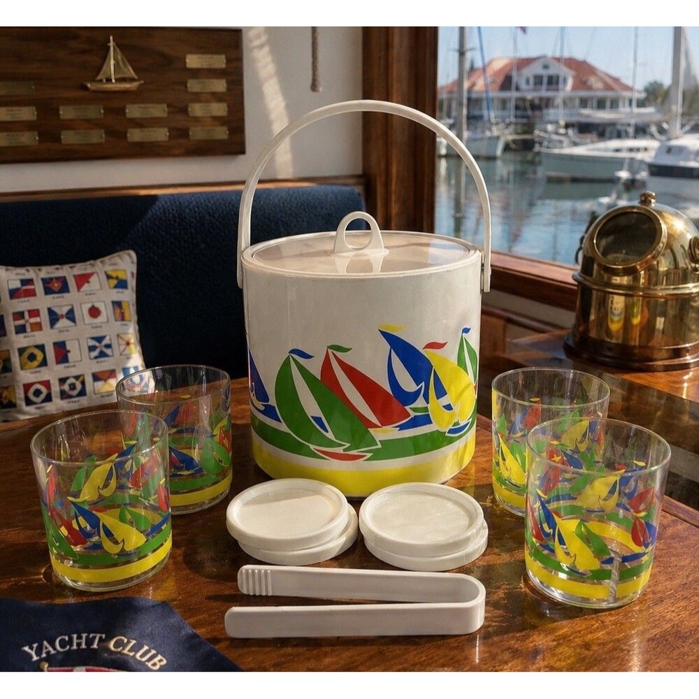 Vintage Sailboat Ice Bucket Set 4 Tumblers Coasters Tongs Primary Colors Taiwan